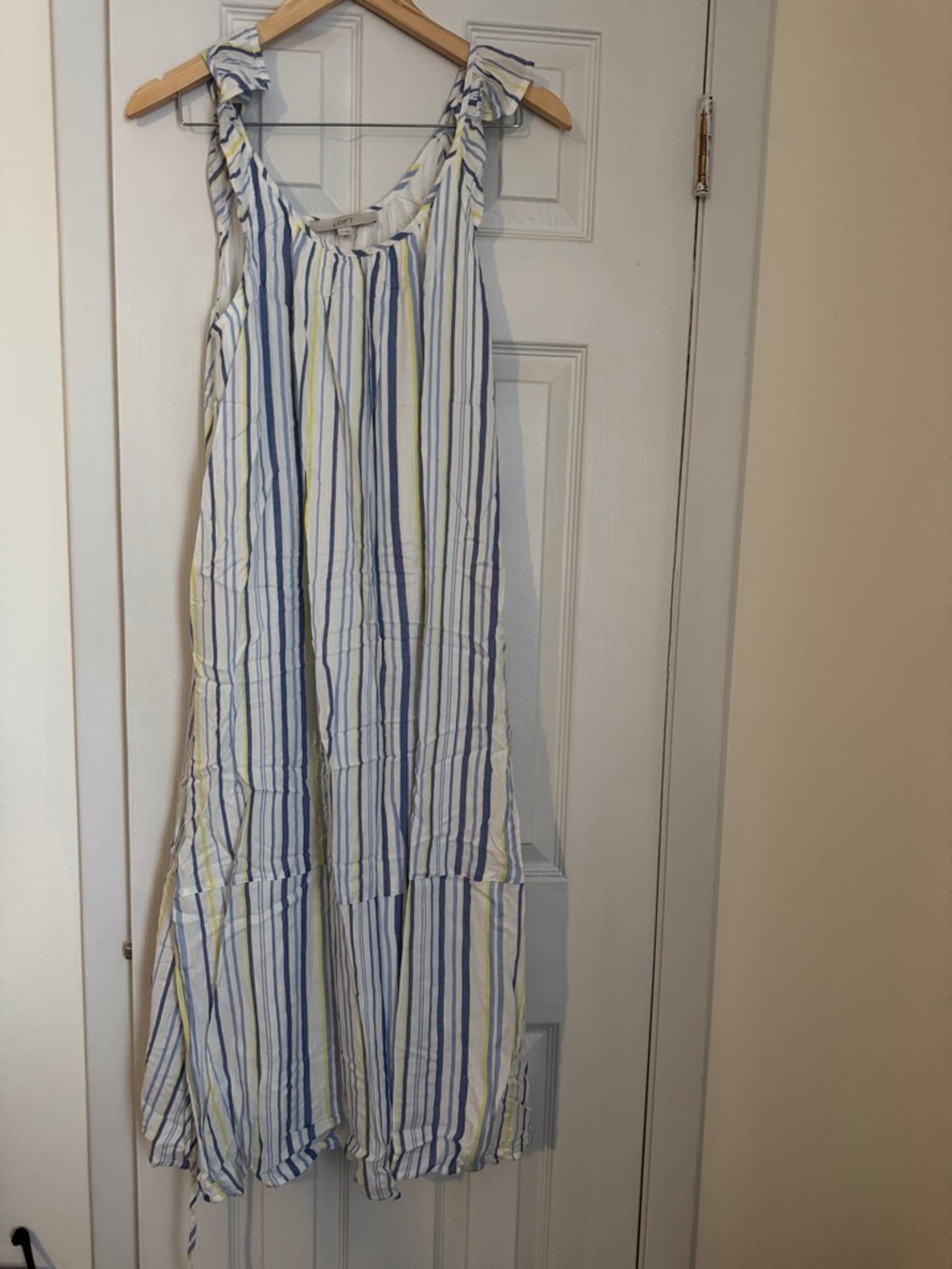 LOFT White Maxi Dress with Blue and Yellow Stripes